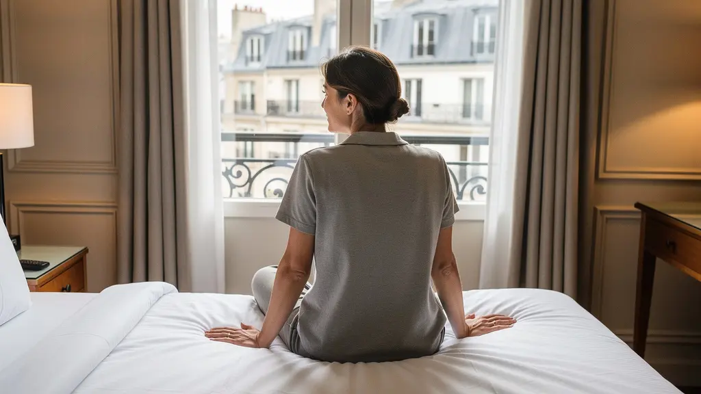 Voyageuse regardant Paris depuis la fenêtre de sa chambre d'hôtel confortable