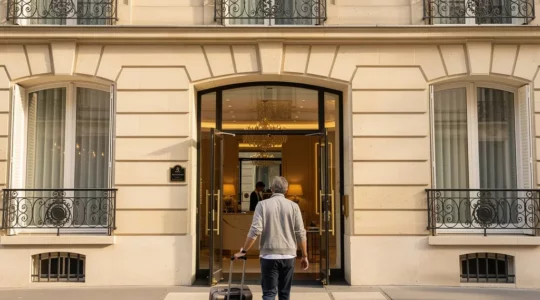 Voyageur entrant dans un hôtel parisien élégant du 8ème arrondissement