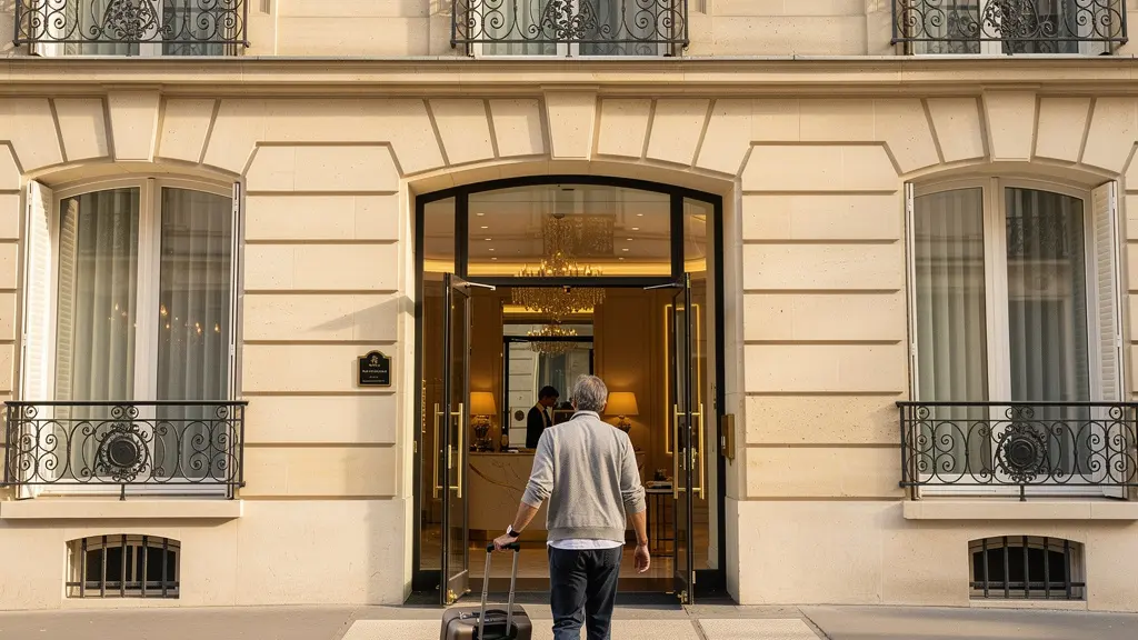 Voyageur entrant dans un hôtel parisien élégant du 8ème arrondissement