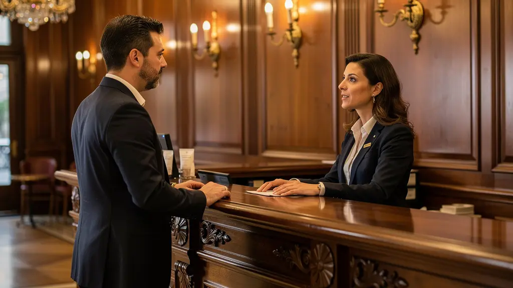 Hall de réception d'un hôtel parisien historique avec boiseries et accueil personnalisé