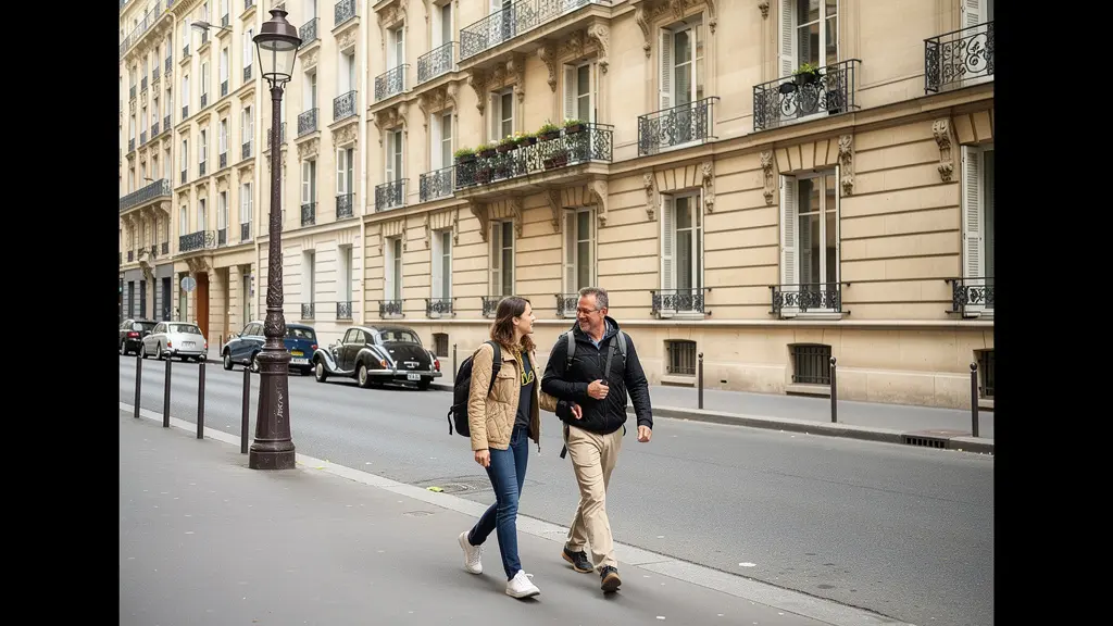 Couple de voyageurs marchant dans une rue haussmannienne du 8ème arrondissement parisien