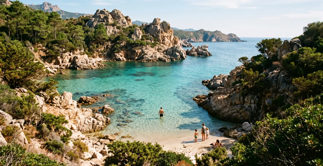 Vue en hauteur d'une calanque corse isolée aux eaux turquoise avec baigneurs profitant d'un accès spontané à cette crique naturelle
