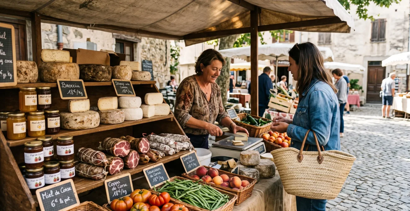 Étal de marché traditionnel corse présentant fromages artisanaux, charcuterie et produits locaux avec interaction entre vendeur et client
