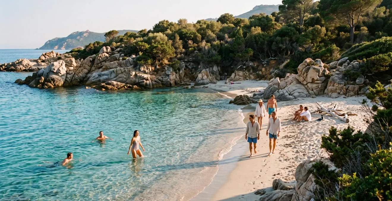 Groupe de personnes profitant spontanément d'une plage de sable fin aux eaux turquoise sur la côte corse, avec maquis et rochers granitiques en arrière-plan