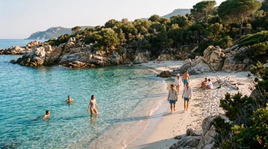 Groupe de personnes profitant spontanément d'une plage de sable fin aux eaux turquoise sur la côte corse, avec maquis et rochers granitiques en arrière-plan