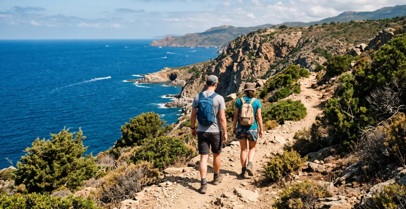 Deux randonneurs marchant sur un sentier côtier en Corse avec vue sur la mer Méditerranée et le maquis environnant